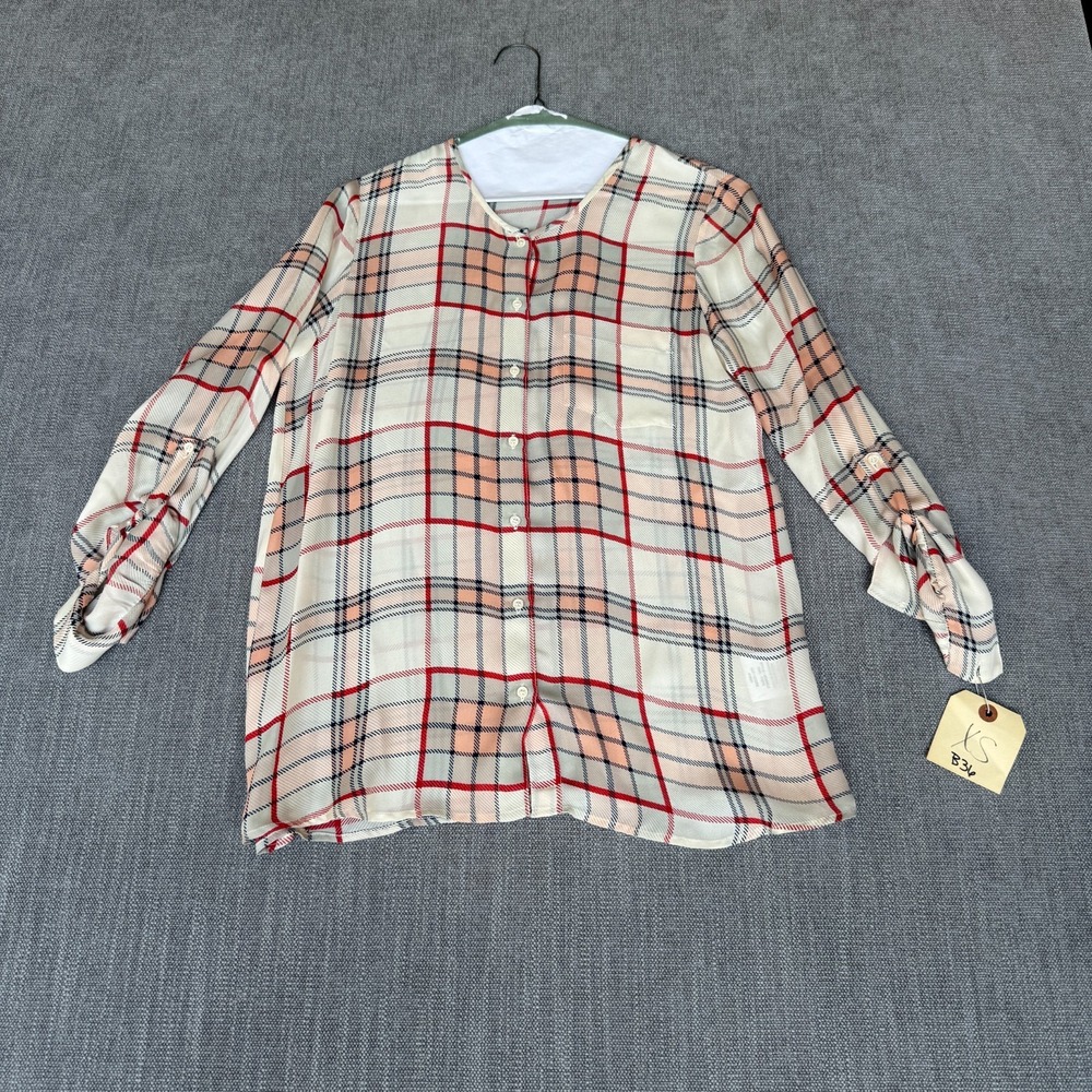 Joie Shirt Womens XS Beige Plaid Silk Roll Tab Sleeve Lightweight Button Front - Picture 1 of 8